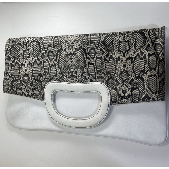 Michael Rome Designs Leather Hand Bag Women's White Snakeskin Print Large Clutch - Picture 11 of 16